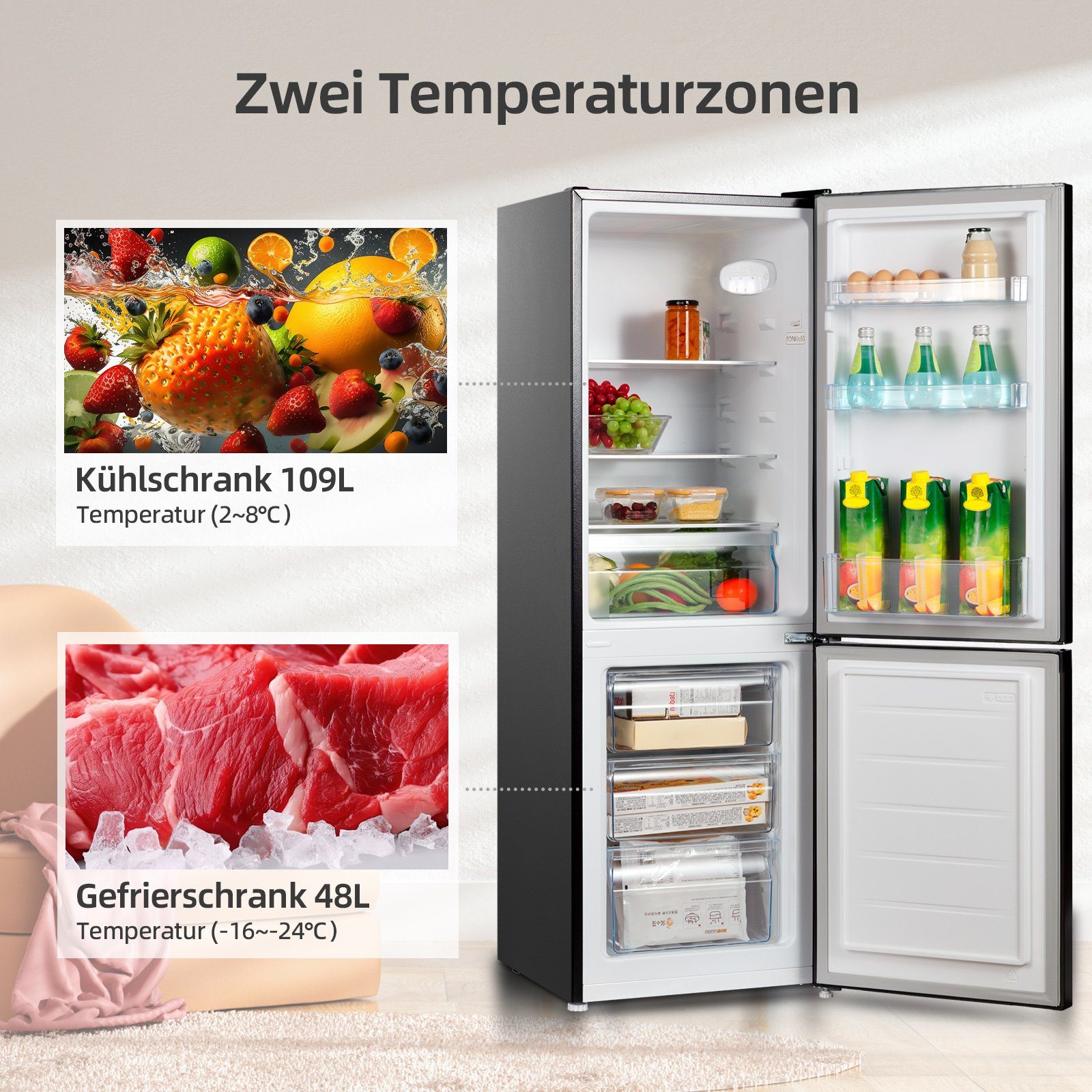 CHiQ Kühl-/Gefrierkombination CBM159LEBD, 144 cm hoch, 50 cm breit, 157L Kühlschrank,12 Jahre Garantie auf den Kompressor,Low-frost
