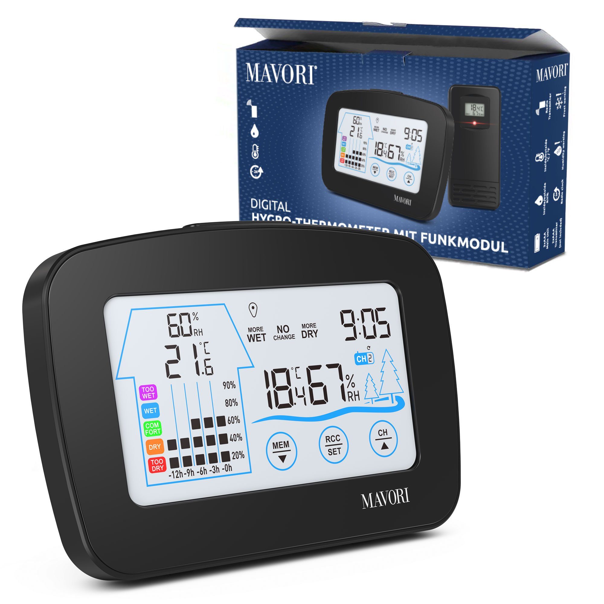 MAVORI Funk Hygro-Thermometer mit Außensensor – präzise und dekorativ Funkwetterstation (Funk Außensensor, Funkuhr)