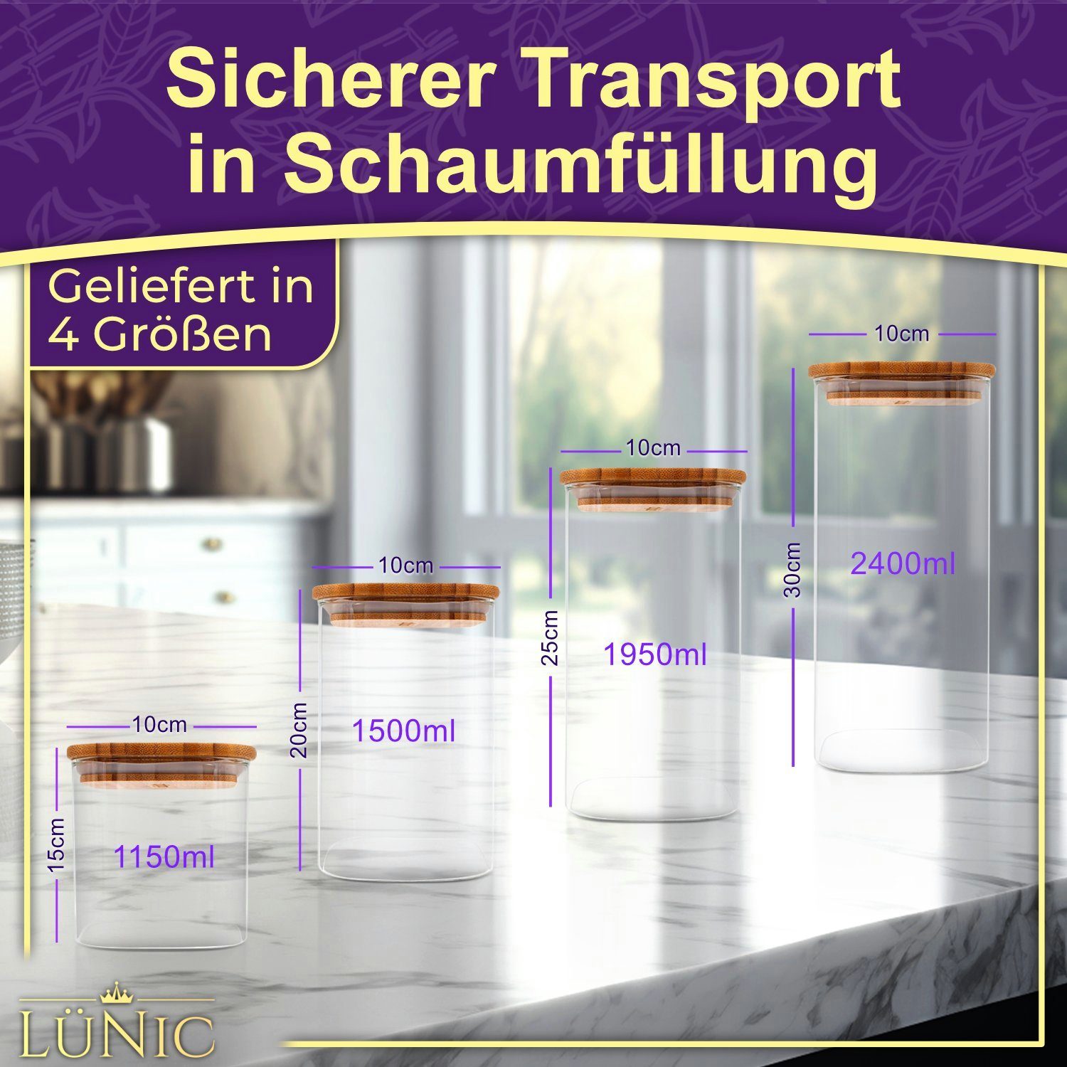 LÜNIC Vorratsglas Vorratsbehälter Glasbehälter Vorratsdosen, Borosilikatglas, Holz, Silikon, (4-tlg), mit Bambusdeckel, eckig
