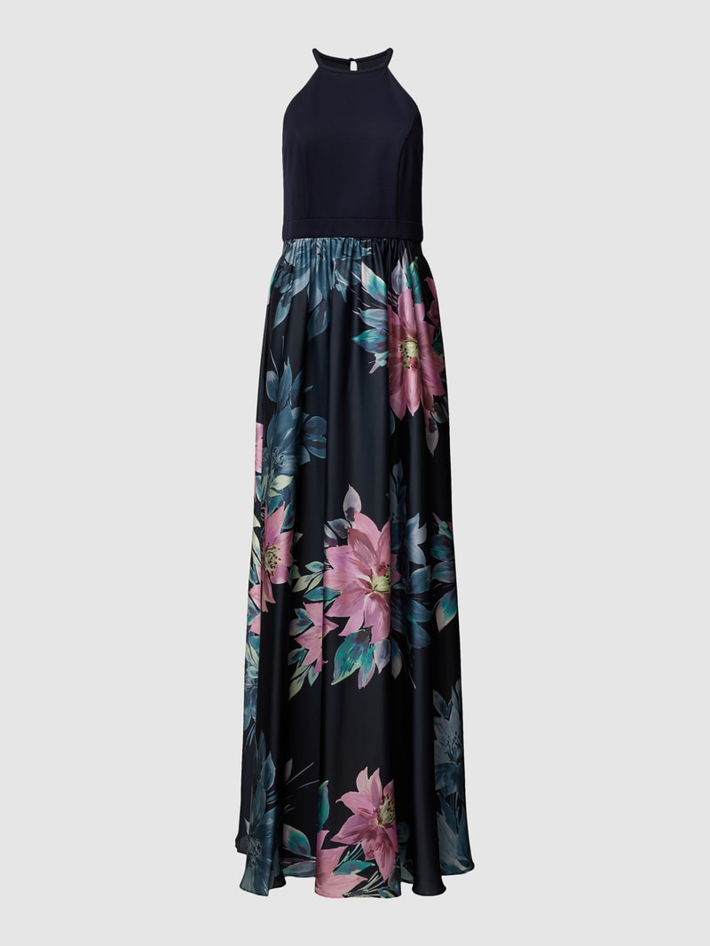 Abendkleid mit floralem Muster in marineblau meliert