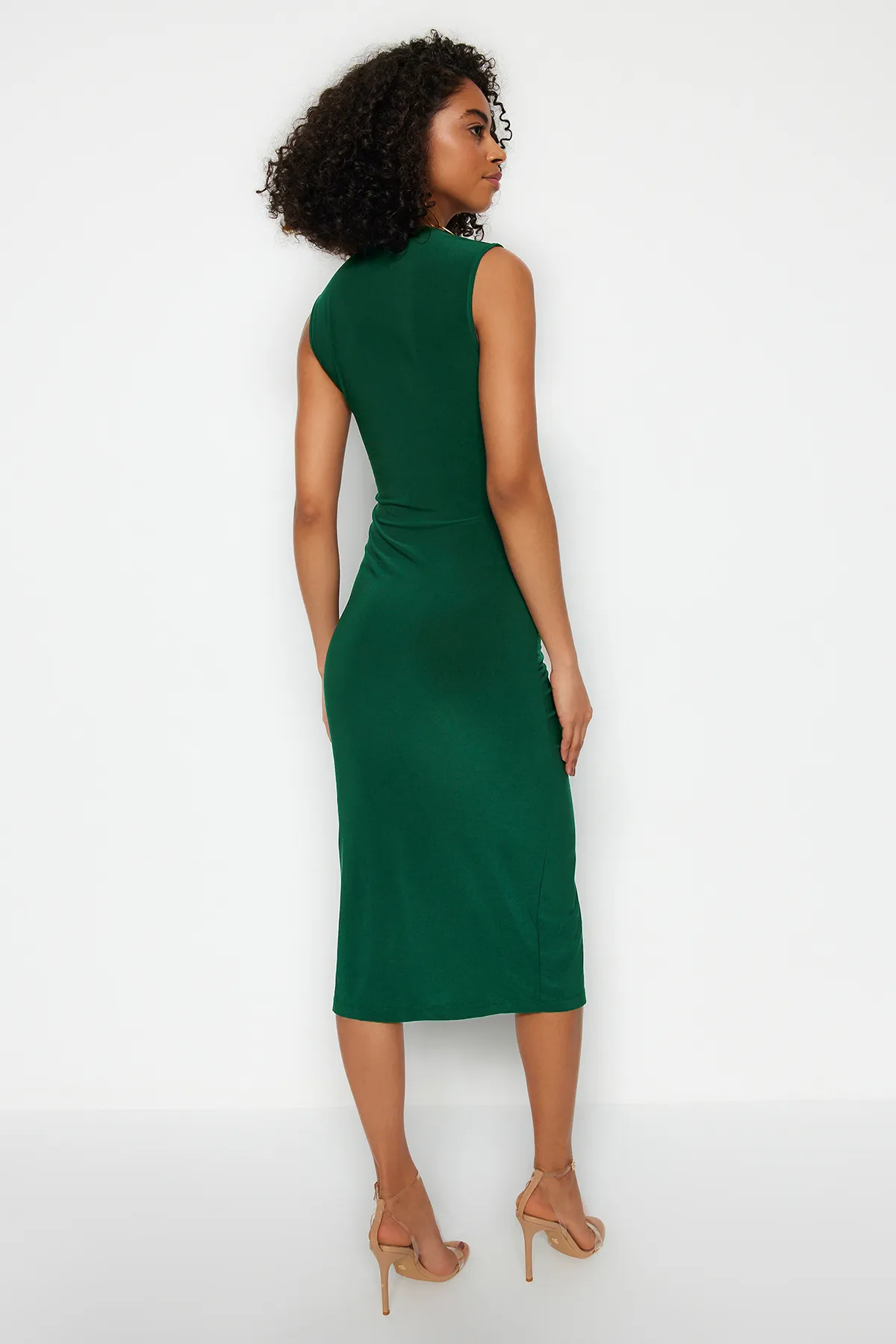 Trendyol Collection  Petrolfarbenes, tailliertes/tailliertes Midi-Bleistiftkleid aus flexiblem Strick mit Kordelzug TWOSS23EL00751