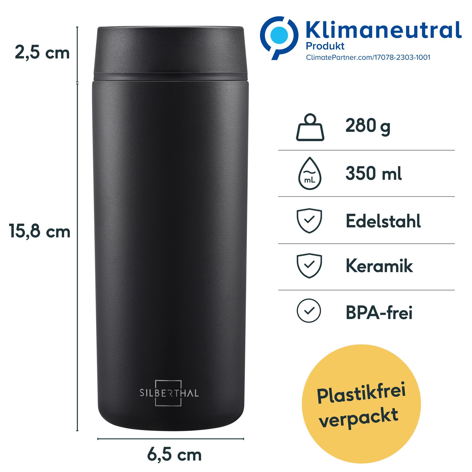 SILBERTHAL Thermobecher Kaffee to go 350 ml, Edelstahl, 6h heiß & 12h kühl, feine Keramik im Innern