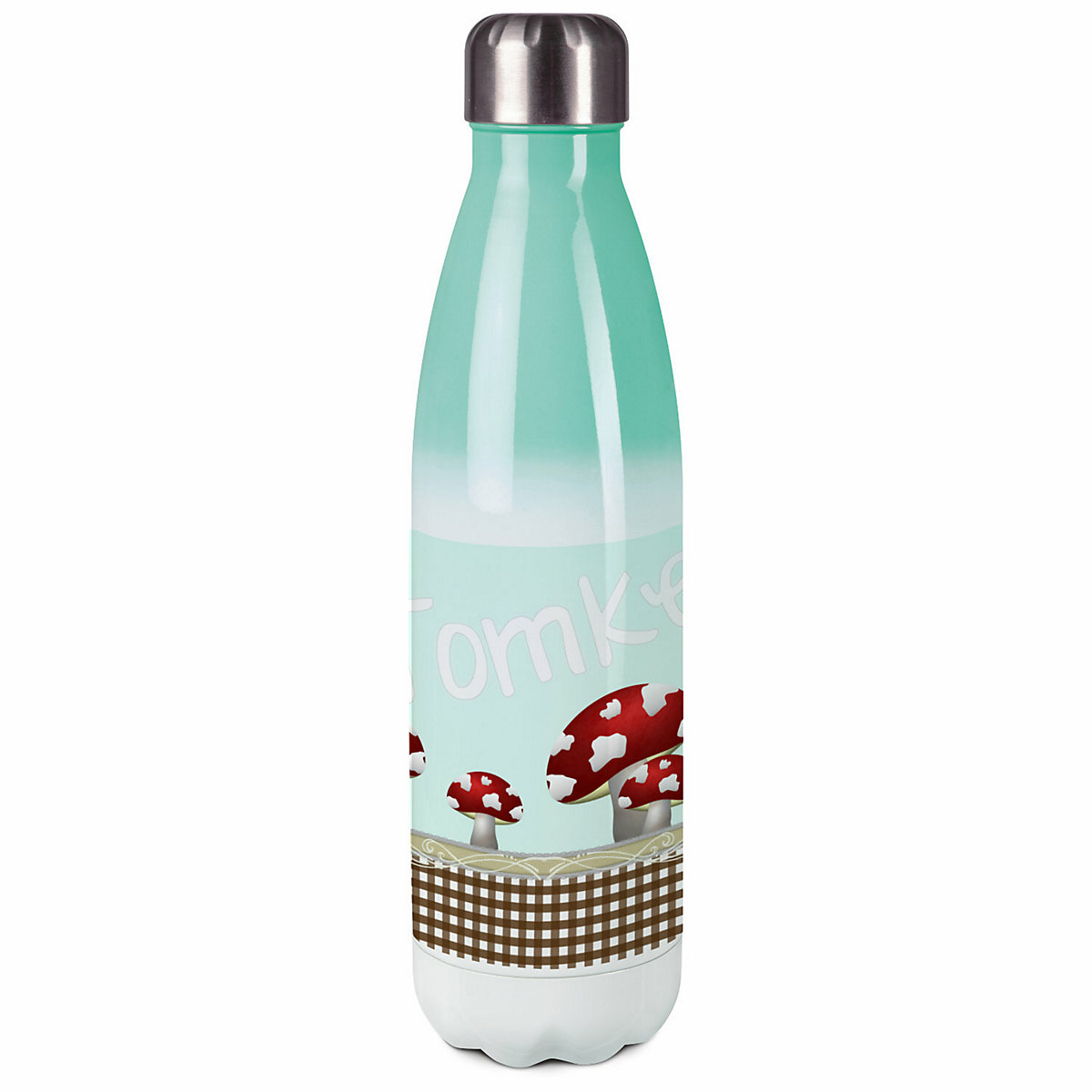 Edelstahl Kinder Thermoflasche / Trinkflasche bunt Pilz Farbe hellblau Spülmaschinenfest, Auslaufsicher, Bruchfest, Doppelwandig, Für Heißgetränke geeignet, Mit Deckel, Isoliert