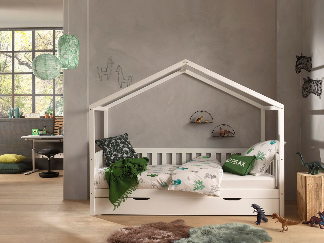 VIPACK Dallas 1 Hausbett mit seitlicher Umrandung 90 x 200 cm Liegefläche und Bettschublade, Weiß