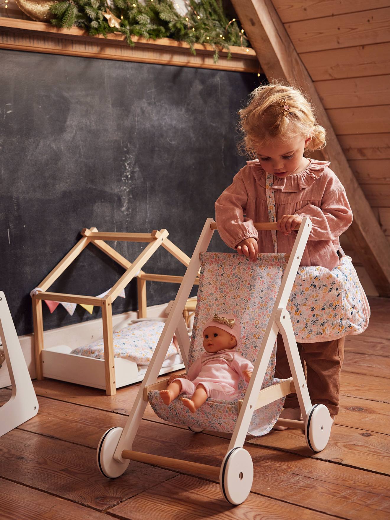 Vertbaudet Puppen-Buggy, Holz FSC - blau