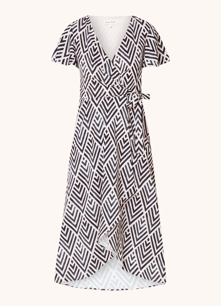 El vestido midi cruzado Julissa de Phase Eight presenta un estampado gráfico y un bajo asimétrico.