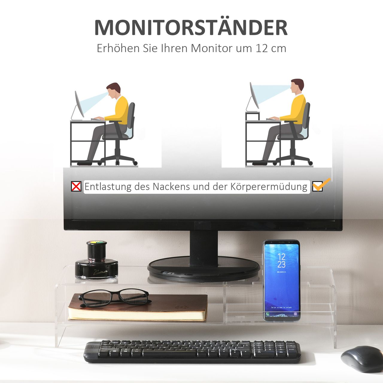 HOMCOM Monitorständer Bildschirmerhöhung mit Staufach für Monitore bis 24 Zoll