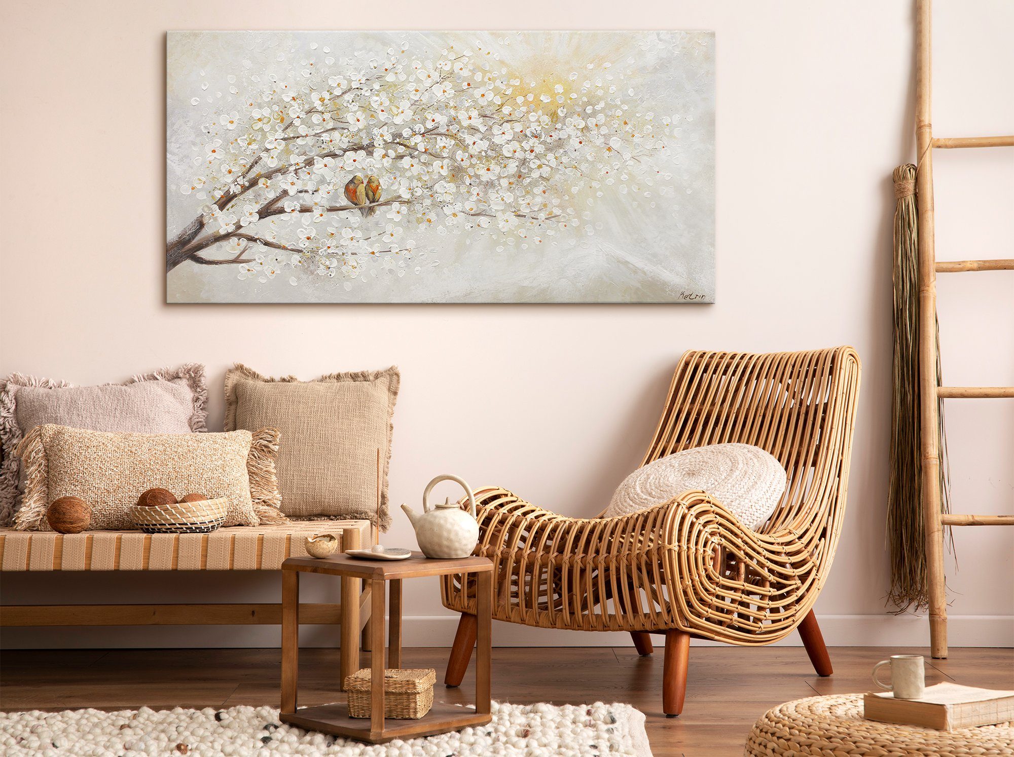 YS-Art Gemälde Sonnenaufgang, Natur, Leinwand Bild Handgemalt Zwei Vögel auf dem Baum Sonnenschein
