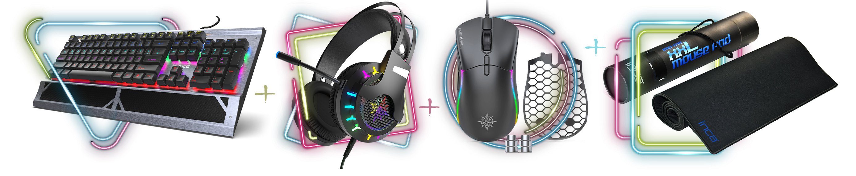 INCA Gaming Set 4in1 RGB Gaming-Tastatur Gaming-Maus, Mauspad und Headset Gaming-Headset