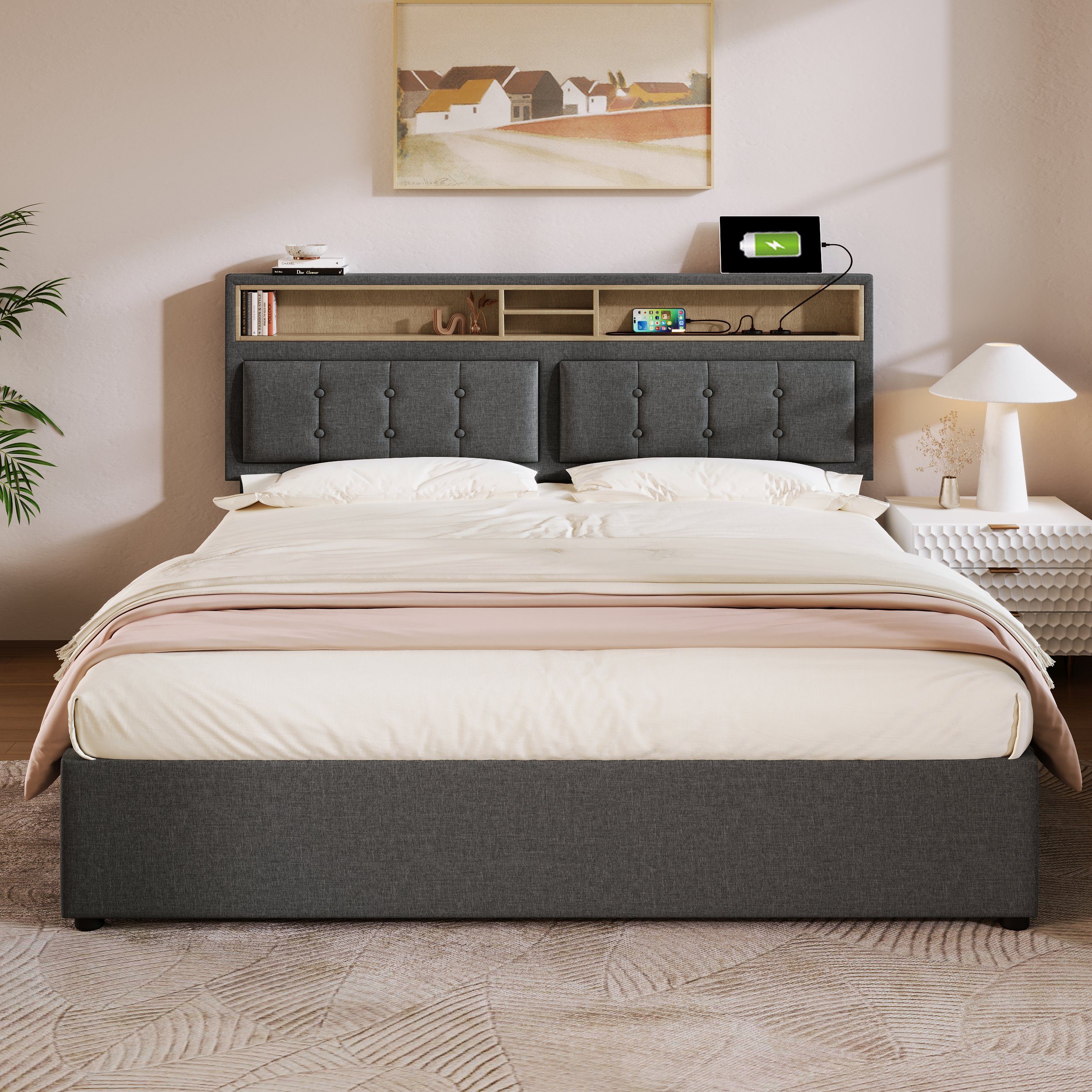 REDOM Polsterbett Doppelbett (mit USB/Typ-C Ladefunktion + 4 Schubladen 140x200cm Leinen), Inklusive Matratze