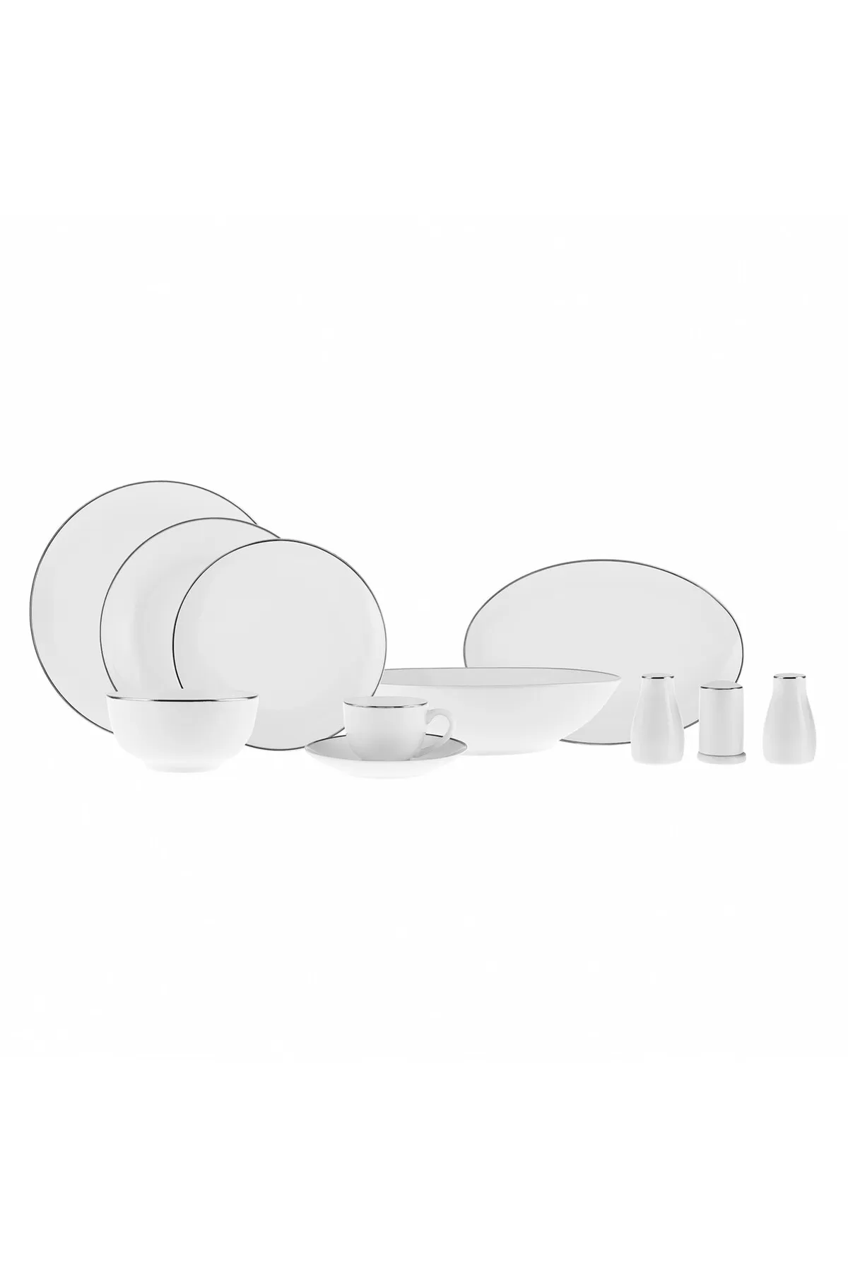 Karaca  Rowan 69tlg. 12 Personen New Bone Geschirr Platin, Linien auf Porzellan, New Bone Tafelservice