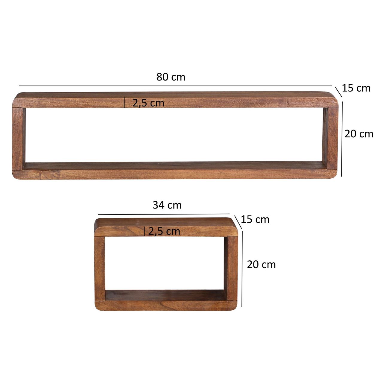Wohnling Sheesham Massivholz 3er Set Wandregale Cubes