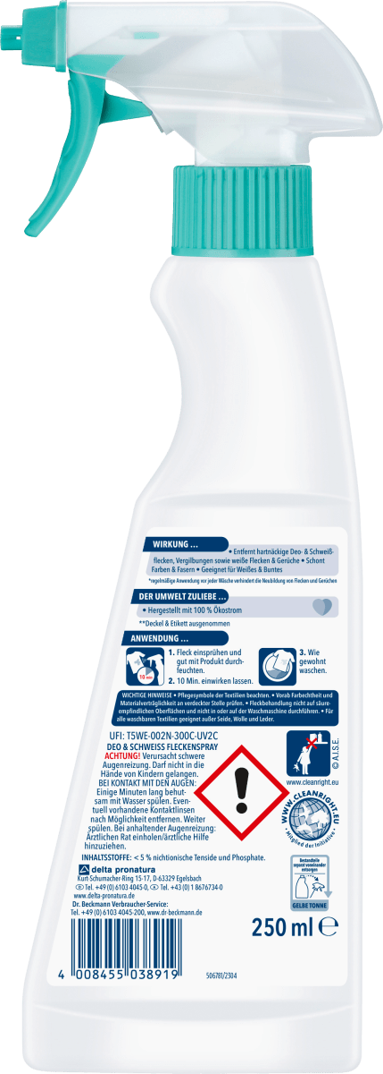 Fleckenentferner Spray für Deo & Schweiß, 250 ml