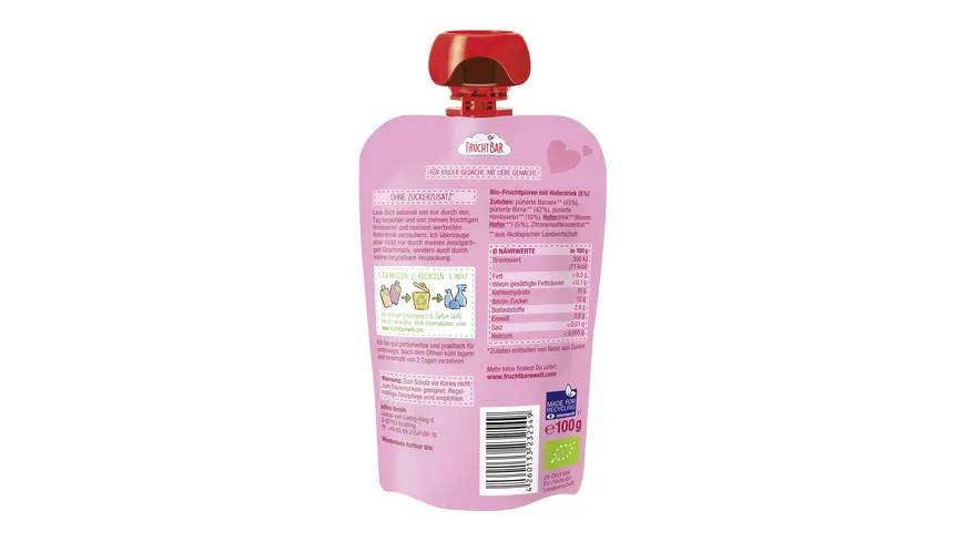 FruchtBar – Bio-Fruchtpüree Himbeere, Banane, Birne 100 g