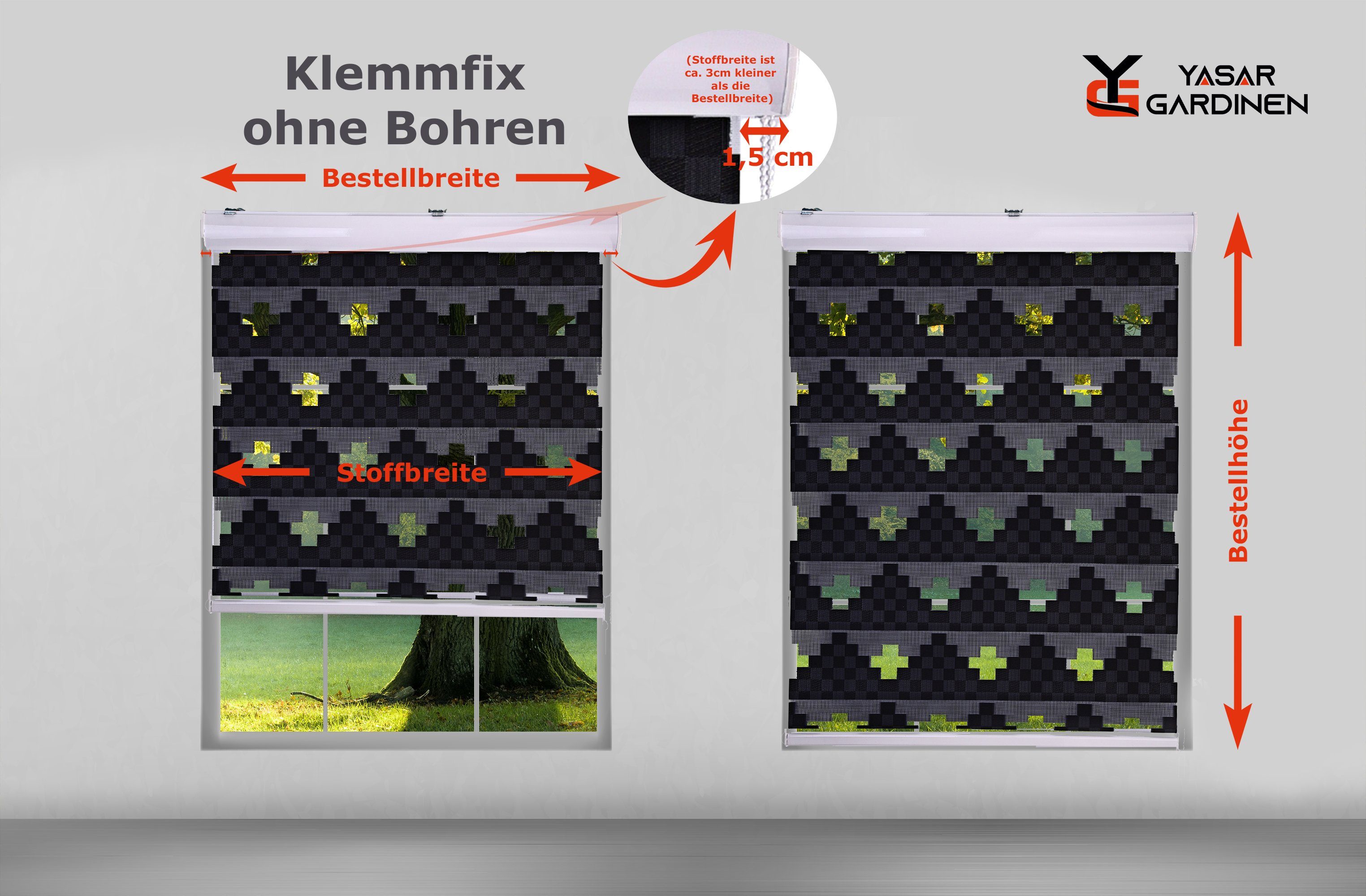 Doppelrollo nach Maß 3884-5 Grau Weiß Länge Bis 200cm, Yasar Gardinen, Deckenmontage, Deckenmontage Wandmontage und Klemmfix (Ohne Bohren)