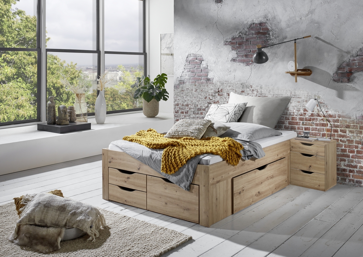 Relita Stauraumbett Noah 140 x 200 cm, mit Rolllattenrost mit 5 Bettschubladen, Ausf. Eiche Artisan Dekor