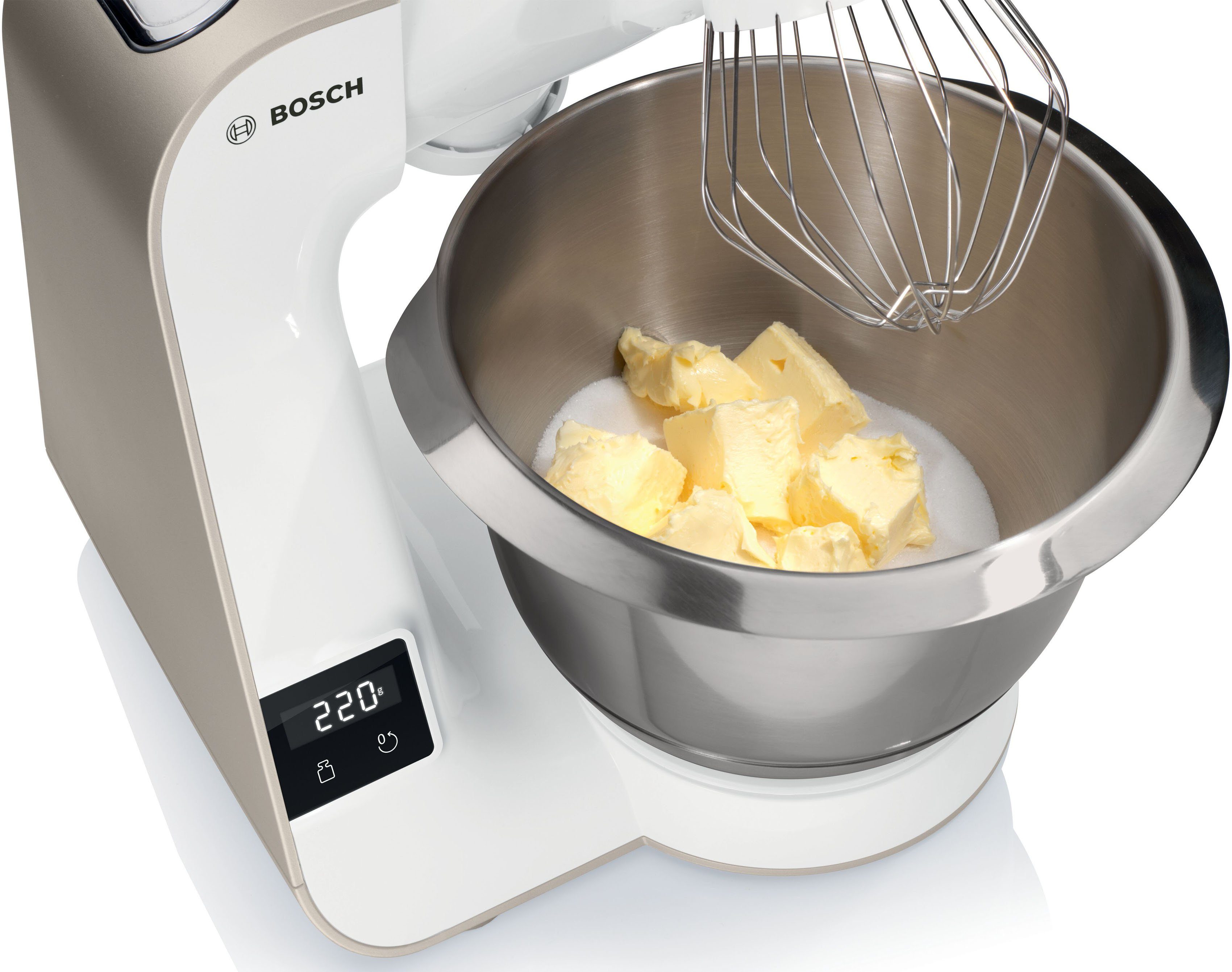 BOSCH Küchenmaschine MUM5XW40 MUM5, 1000 W, 3,9 l Schüssel, Waage, Patisserieset, Schnitzler, 4 Scheiben, Fleischwolf,Zitruspresse