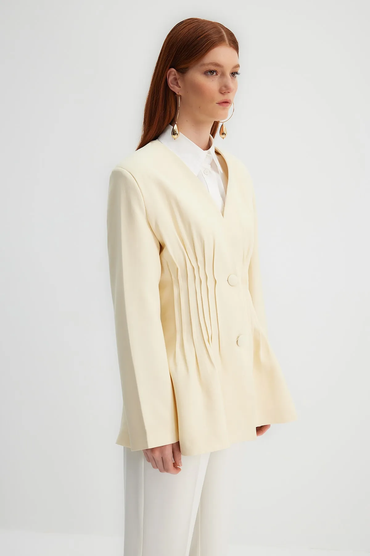 Trendyol Modest  X Kevser Sarıoğlu Beige gerippte, detaillierte Webjacke TCLSS23CK00002