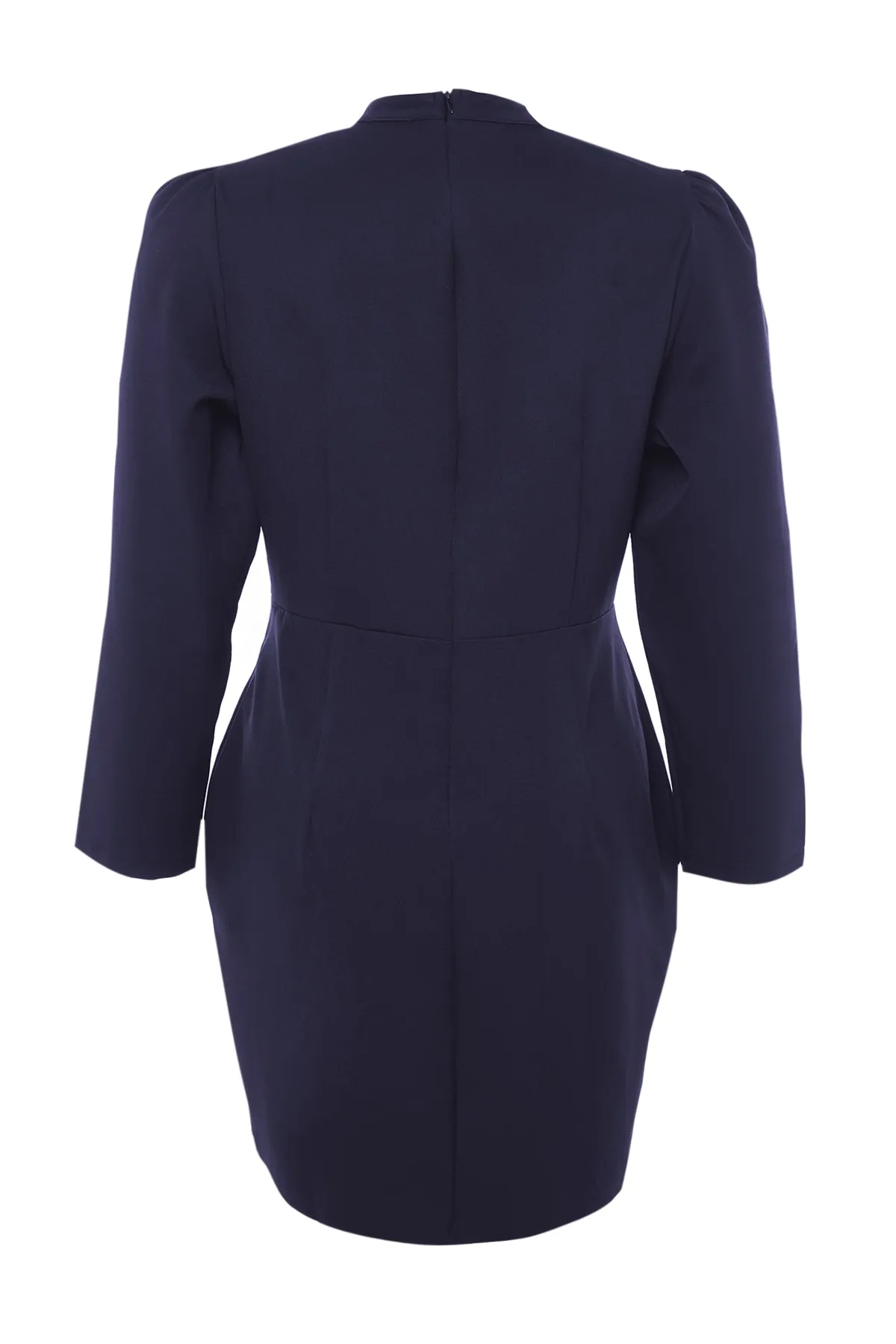 Trendyol Curve  Marineblaues, figurbetontes Minikleid aus Webstoff mit großem Kragen, tiefem Ausschnitt, ungefüttert, langen Ärmeln, TBBAW23AH00040