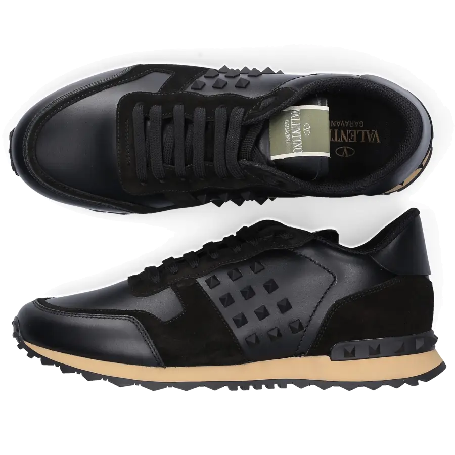 Valentino Garavani - Sneaker low ROCKRUNNER ROCKSTUD Veloursleder Logo schwarz - schwarz