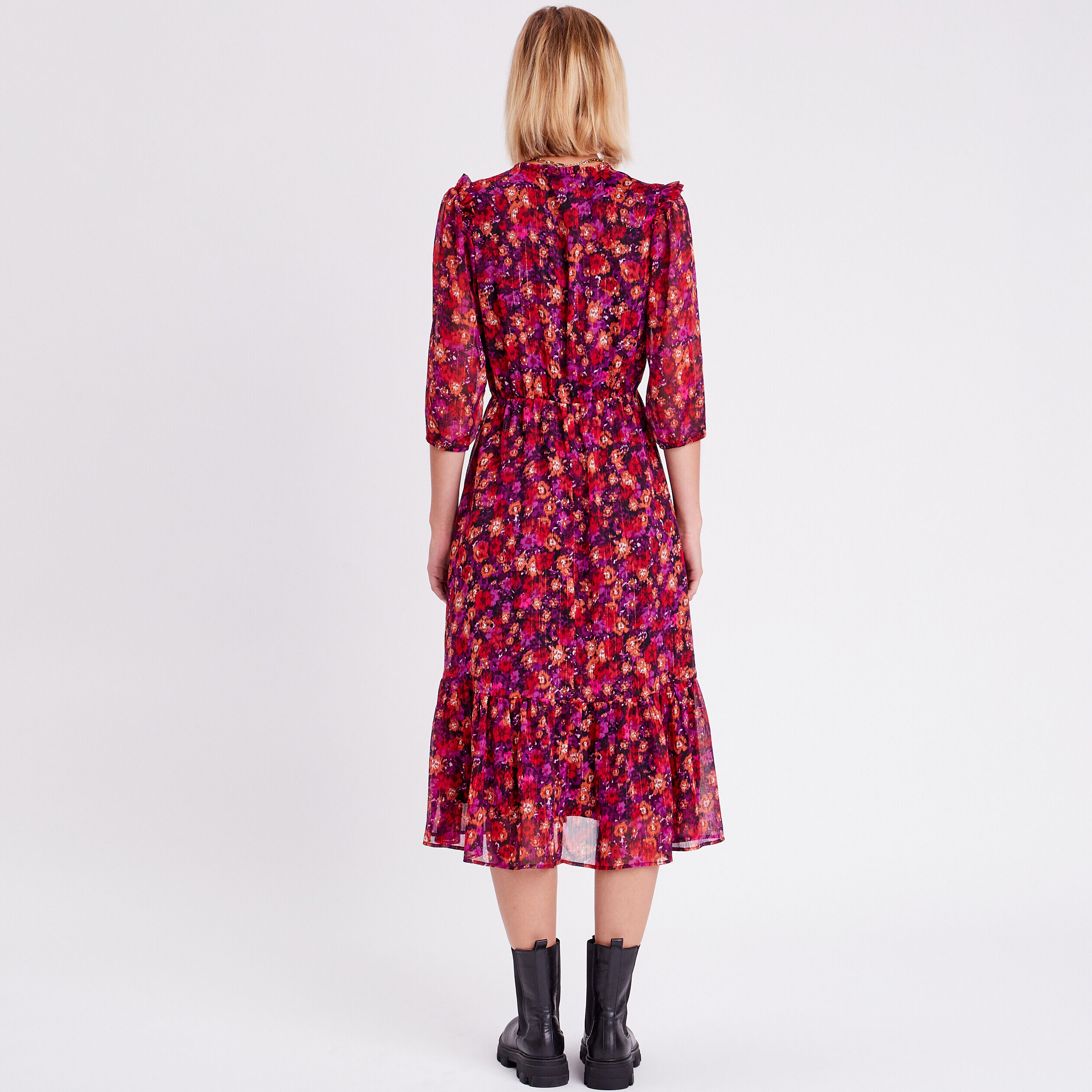 Robe longue évasée volantée rose fushia femme | Cache Cache