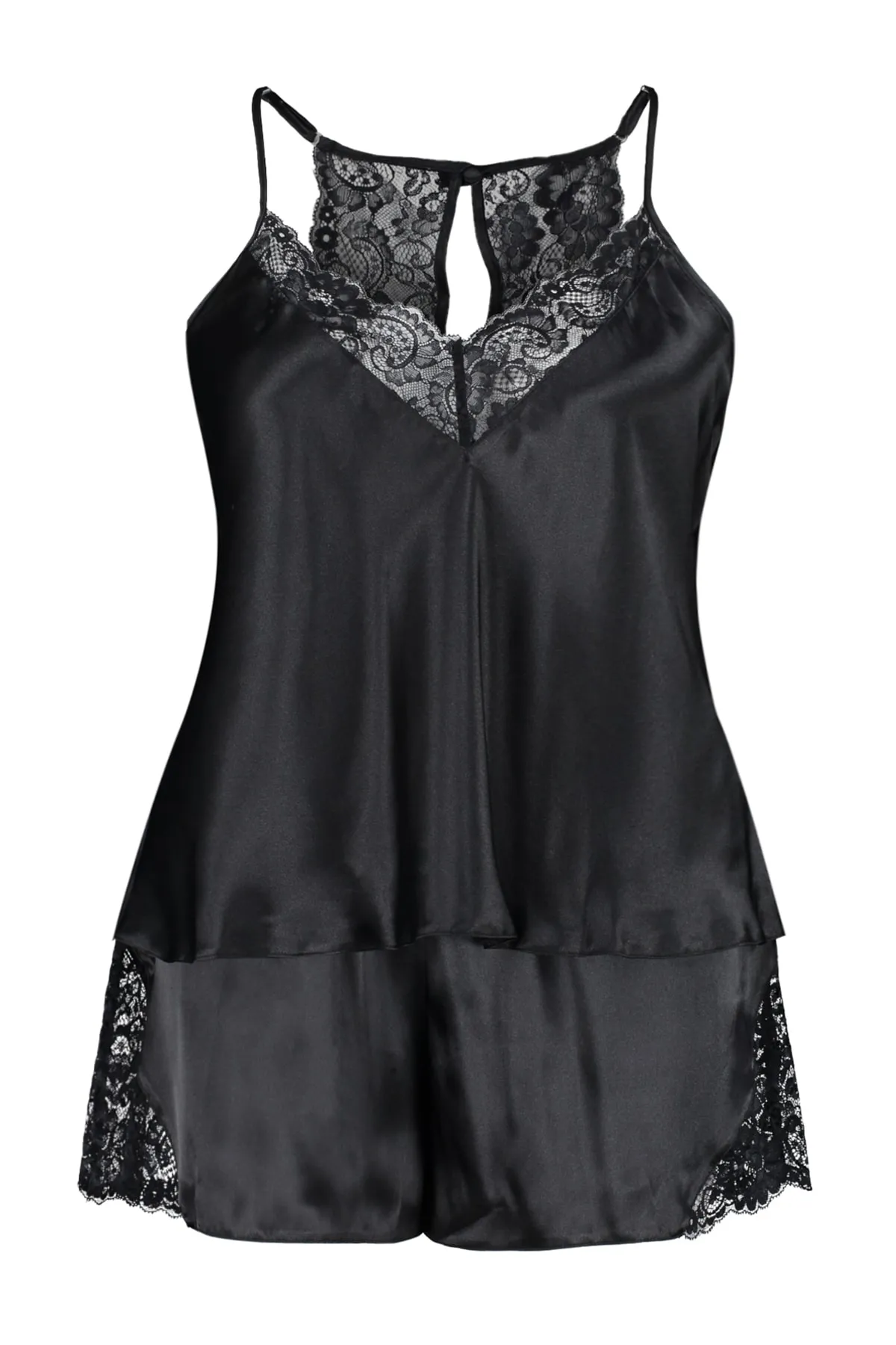 Trendyol Curve  Schwarzes Pyjama-Set aus gewebtem Satin mit Spitzendetails TBBSS23AI00020
