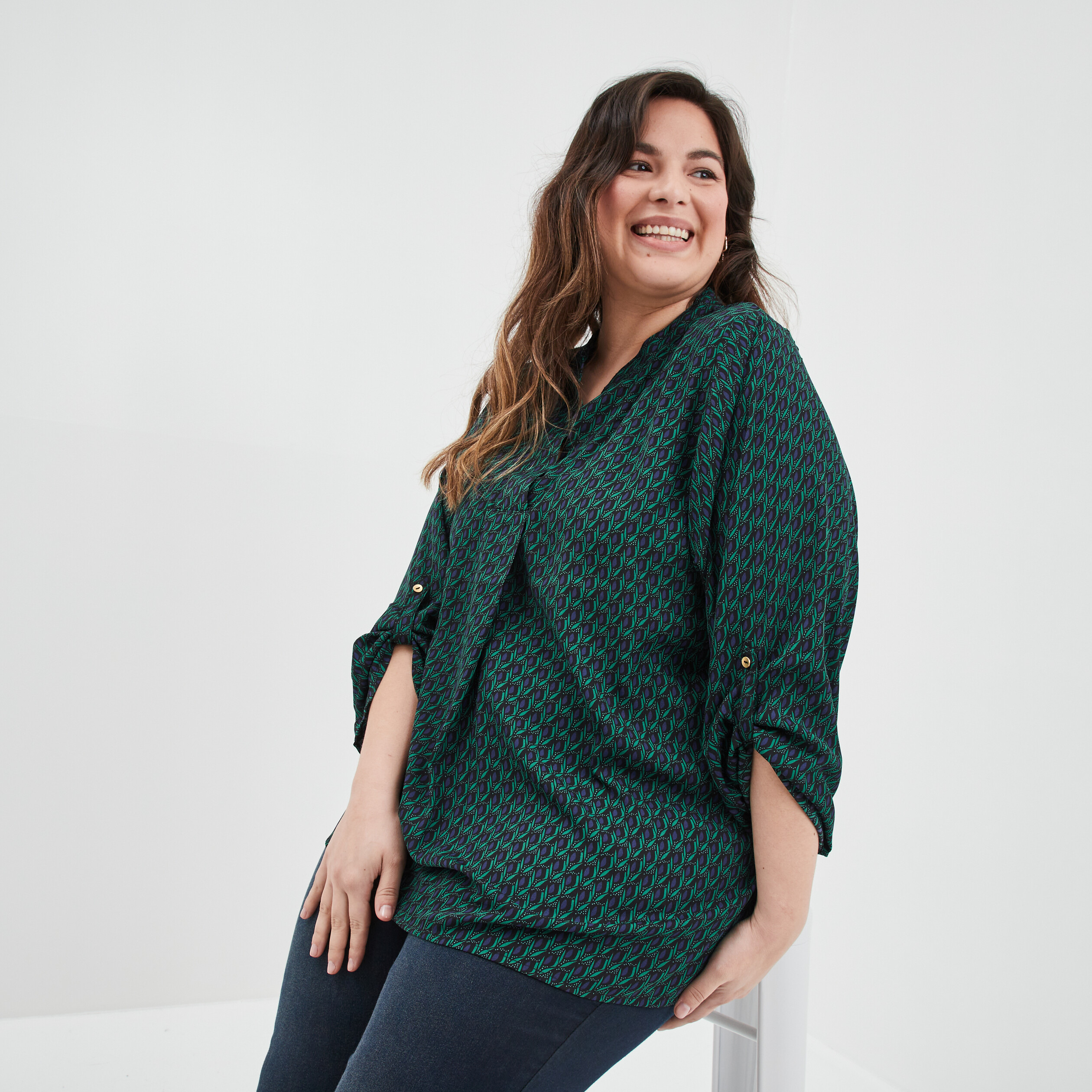 Blouse manches 3 4 bleu marine femme grande taille | La Halle