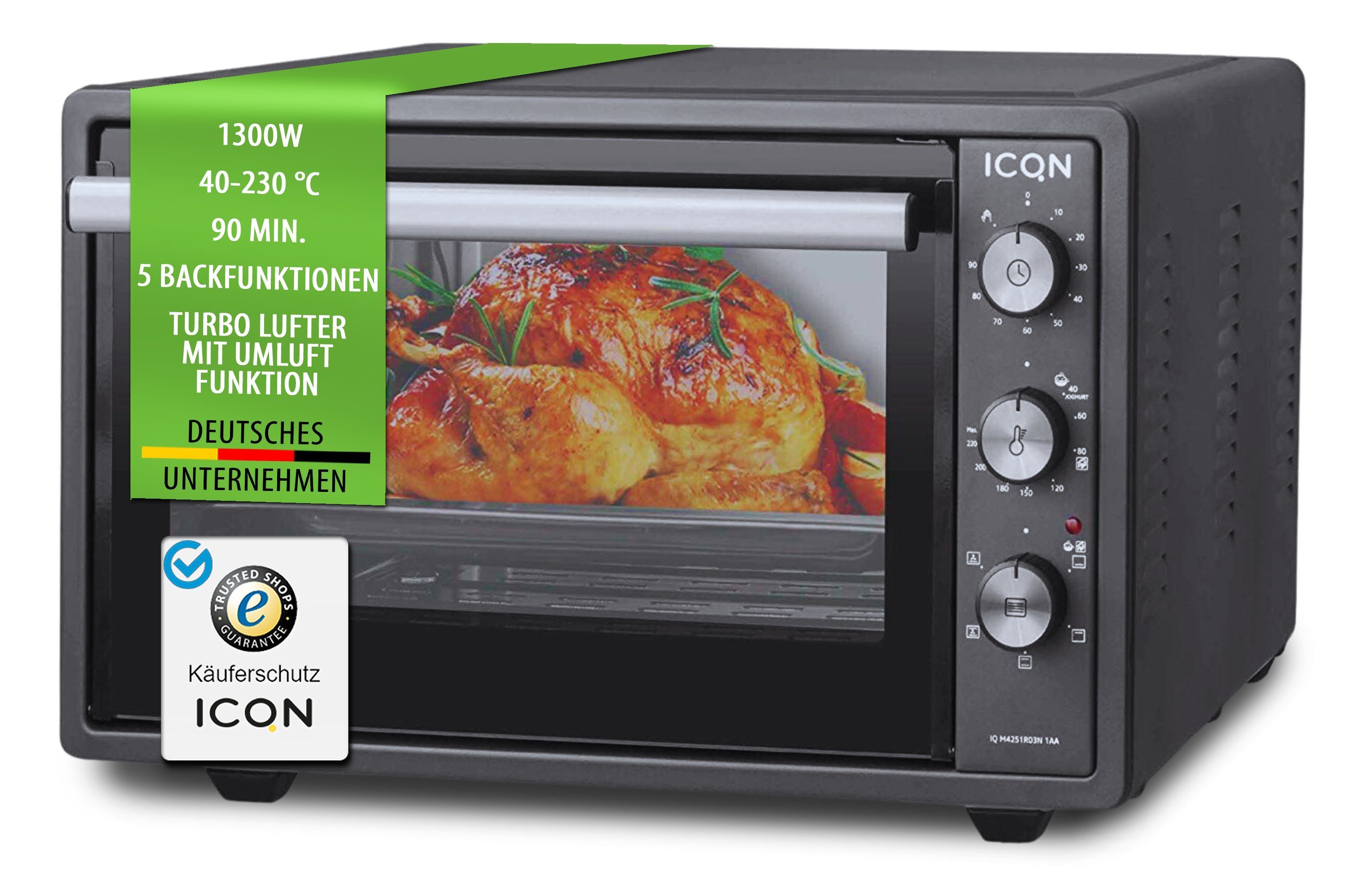 ICQN Minibackofen 42 Liter mit Umluft, Emailliert, 1300 W, inkl. Backblech Set, Umluft, Pizza-Ofen, Doppelverglasung, Timer, Mini Ofen, 40°-230°C