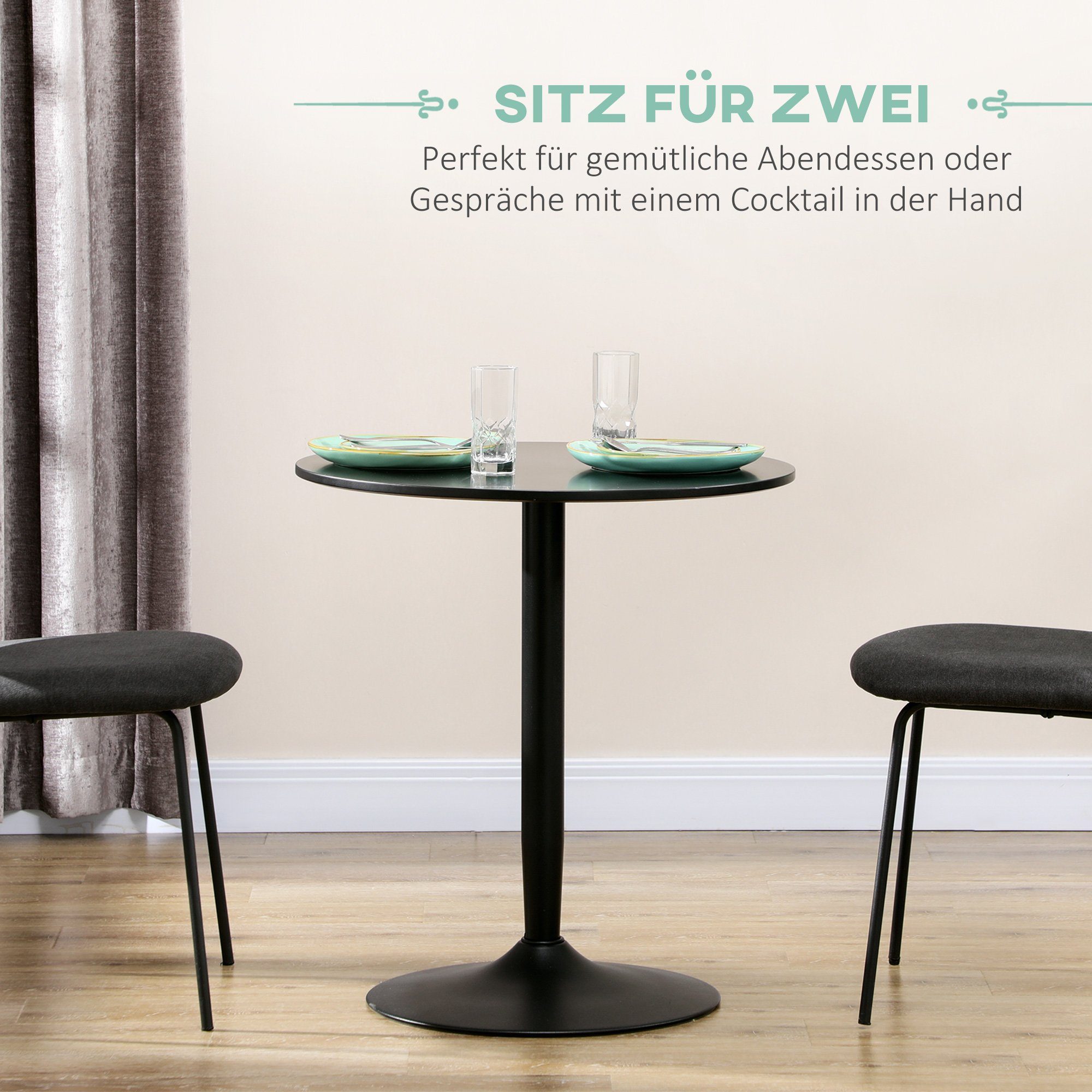 HOMCOM Esstisch Moderner Küchentisch mit Stahlfuß (Esszimmerisch, 1-St., Runder Esstisch), BxLxH: 70x70x75 cm, Schwarz