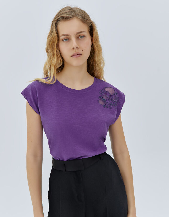 Tee-shirt violet broderie tête de mort avec tulle Femme