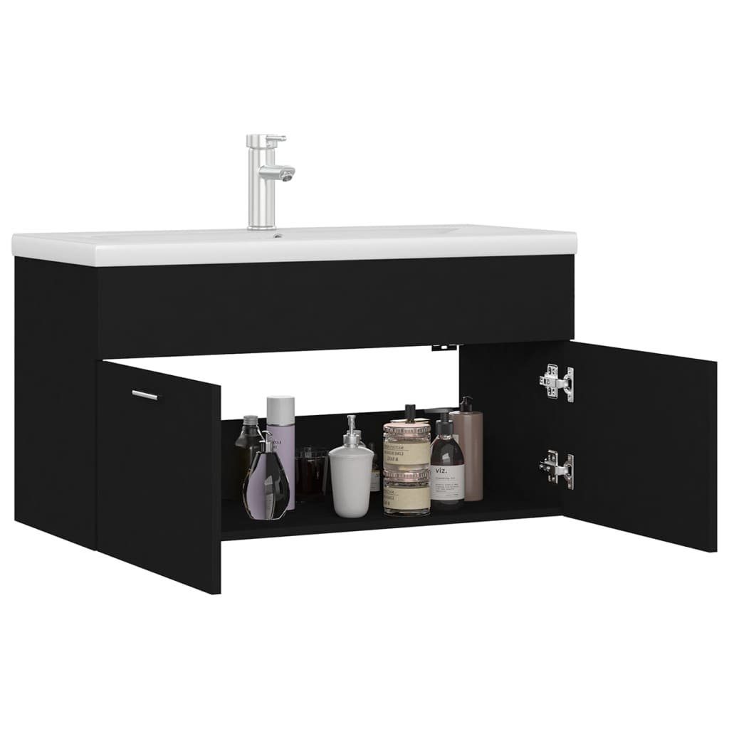 vidaXL Badezimmerspiegelschrank Waschbeckenunterschrank mit Einbaubecken Schwarz Holzwerkstoff (1-St)