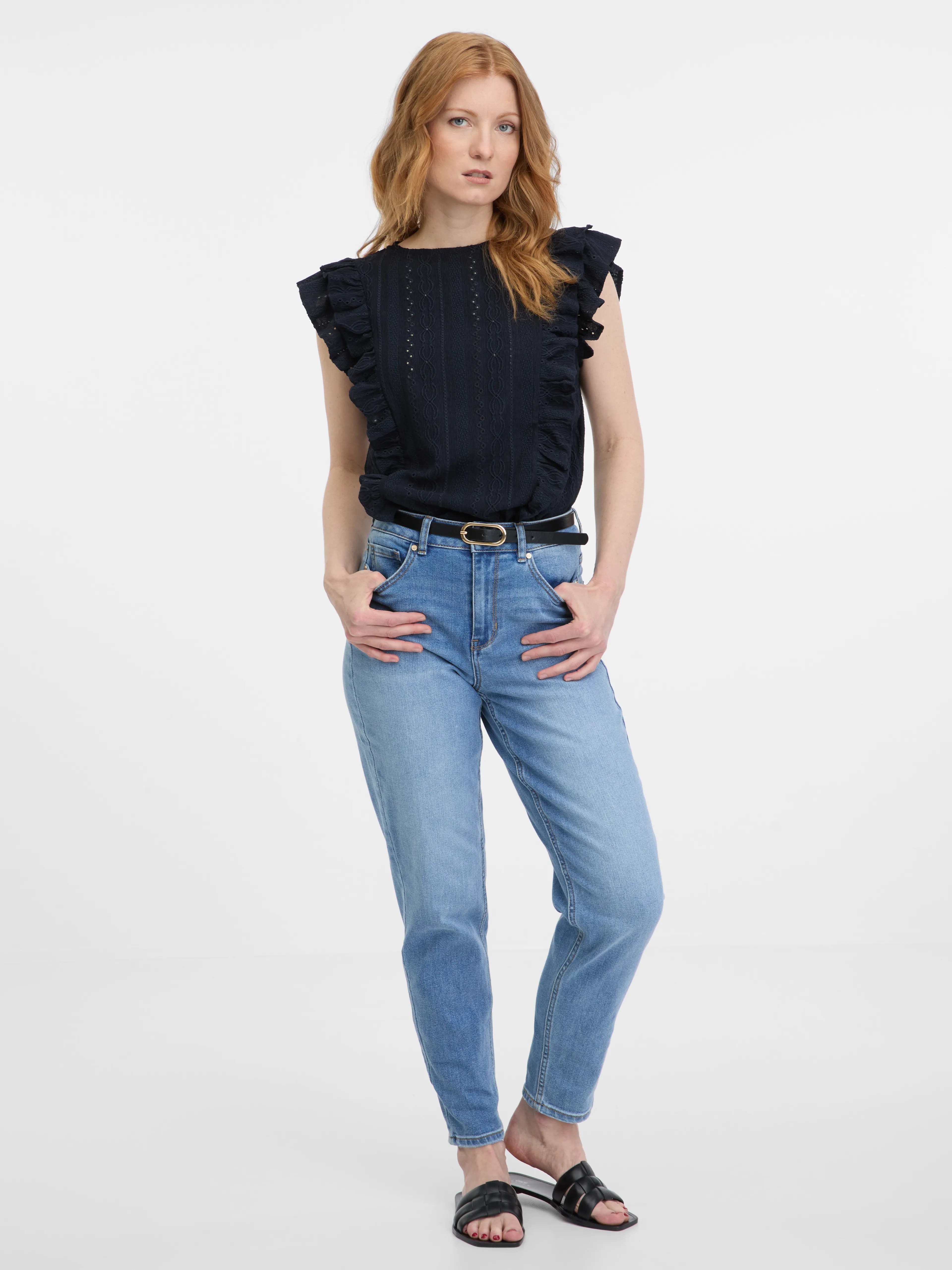 Dunkelblaues Damen-T-Shirt mit Rüsche ORSAY