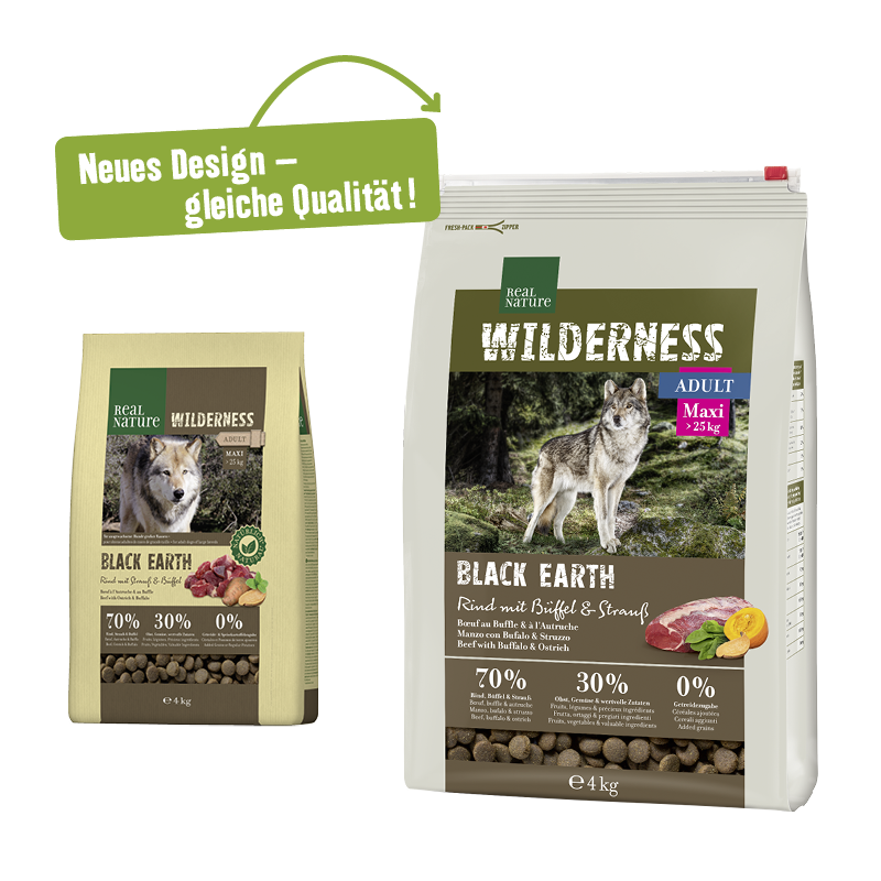 REAL NATURE Hundetrockenfutter REAL NATURE WILDERNESS Maxi Adult Black Earth Rind mit Strauß & Büffel 4 kg