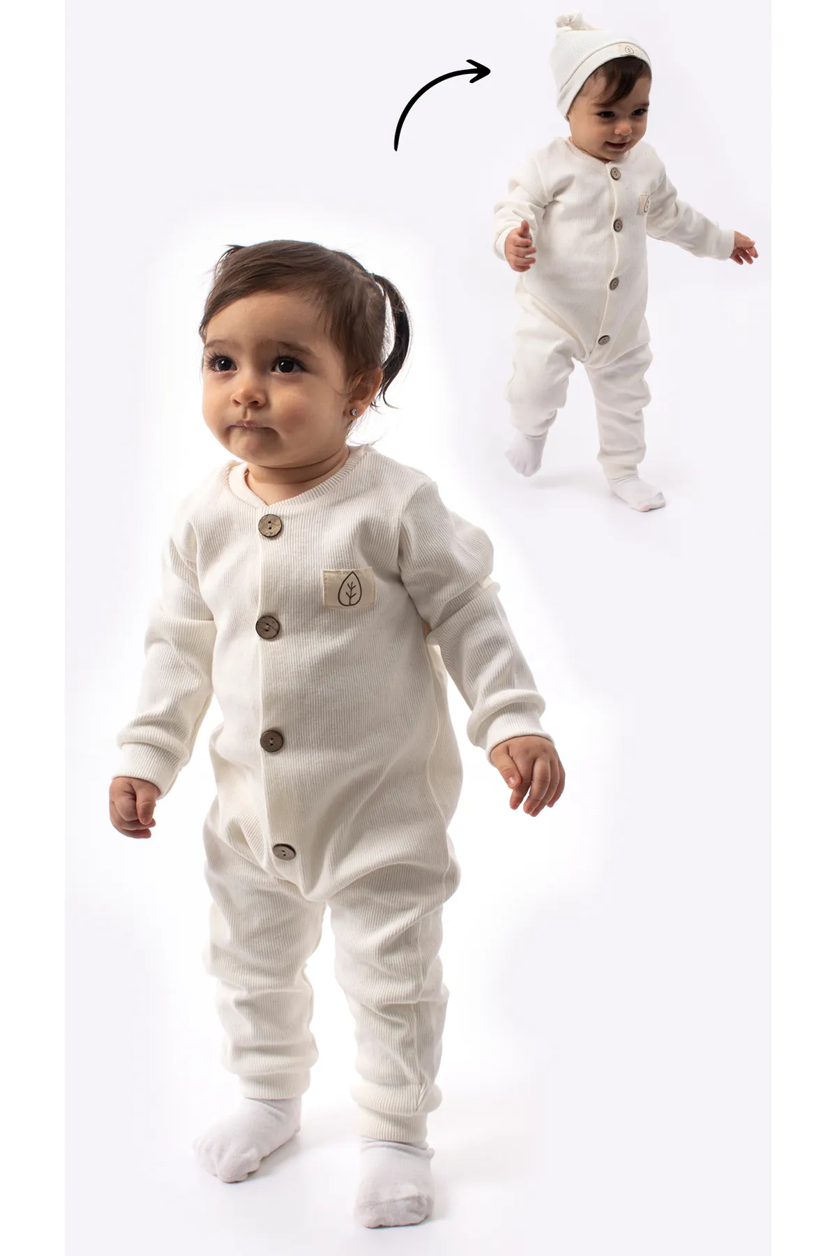 Bubito  Stylischer Unisex Baby-Overall mit Holzknopf und Mütze - weiß