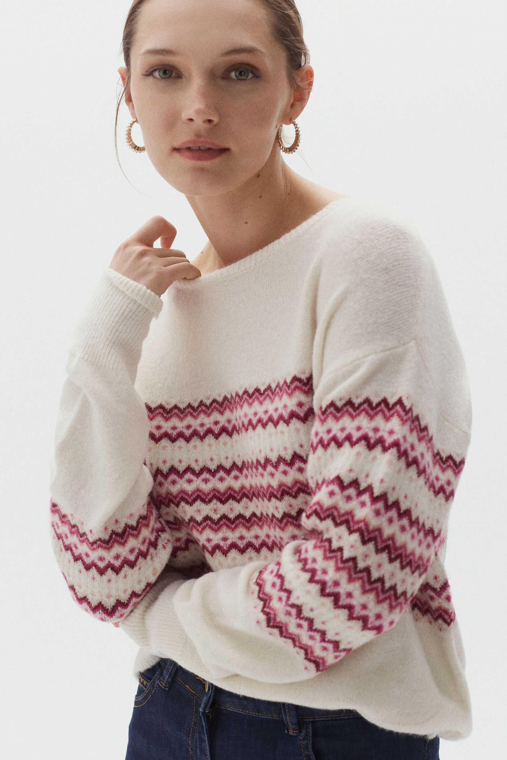 Pull jacquard et fils Lurex. rose femme