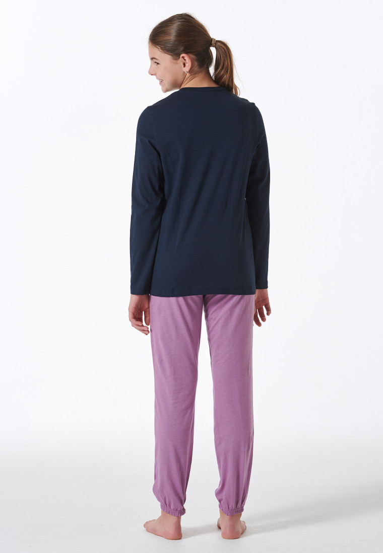 Schlafanzug lang Bündchen Eule nachtblau - Nightwear