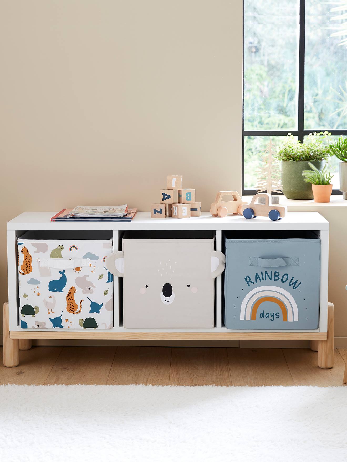 Lot de 3 bacs de rangement en tissu MINI ZOO bleu grisé