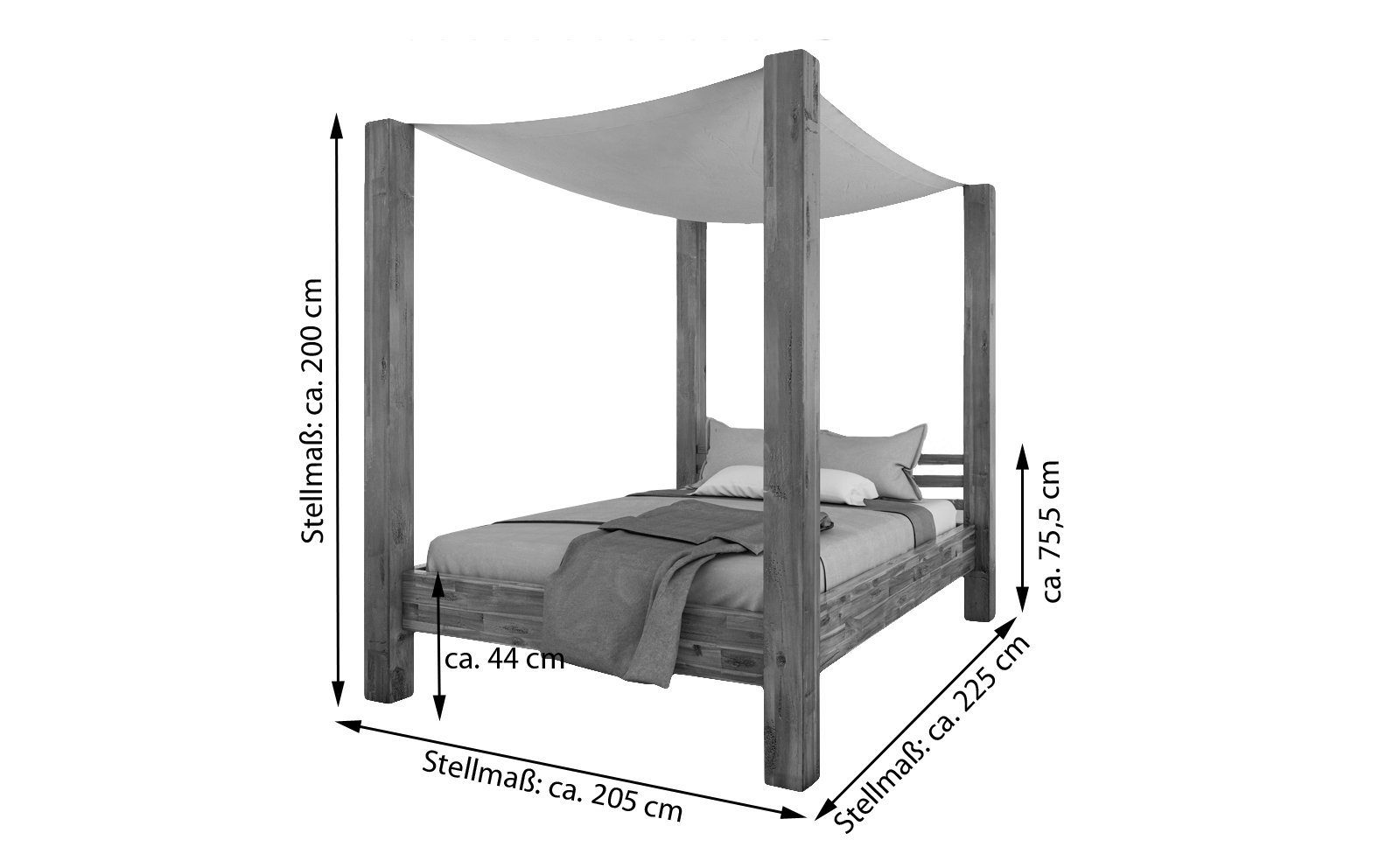 SAM® Himmelbett Johanna, Balkenbett mit Himmel, Akazie, robuste Bettpfosten, geteiltes Kopfteil
