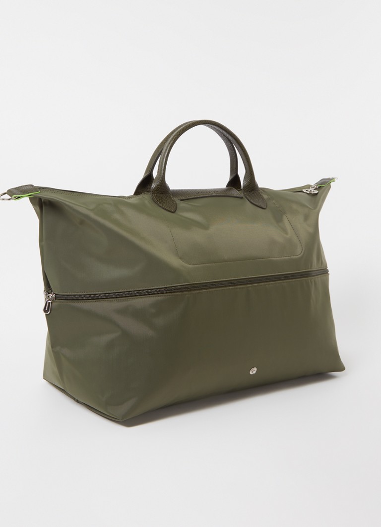 Geantă de voiaj extensibilă Longchamp Le Pliage, verde, cu detalii din piele.