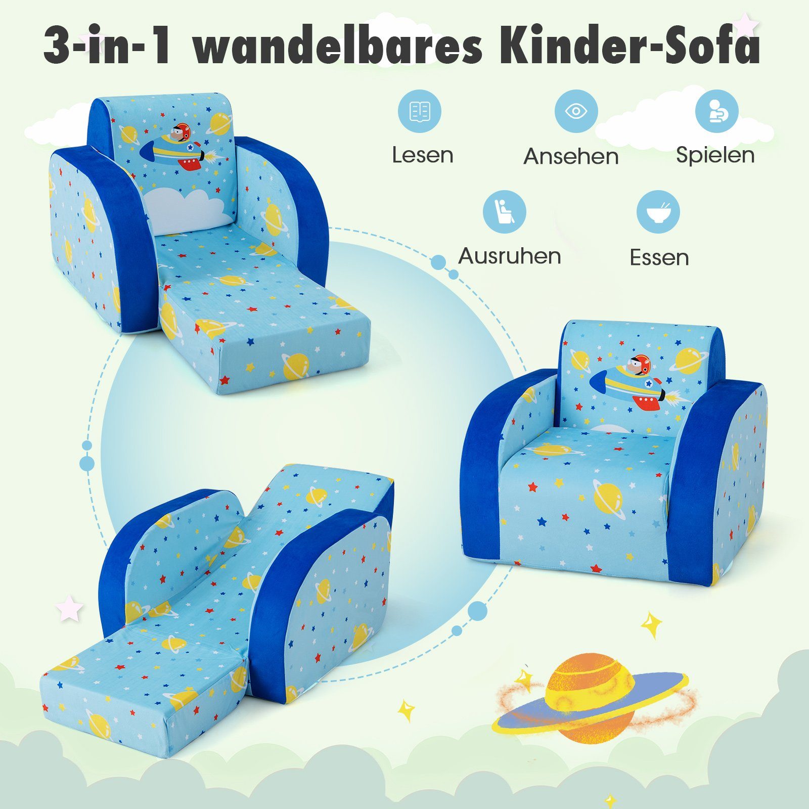 COSTWAY Kindersofa 3 in 1 Schlafsofa, klappbar, mit Schlaffunktion