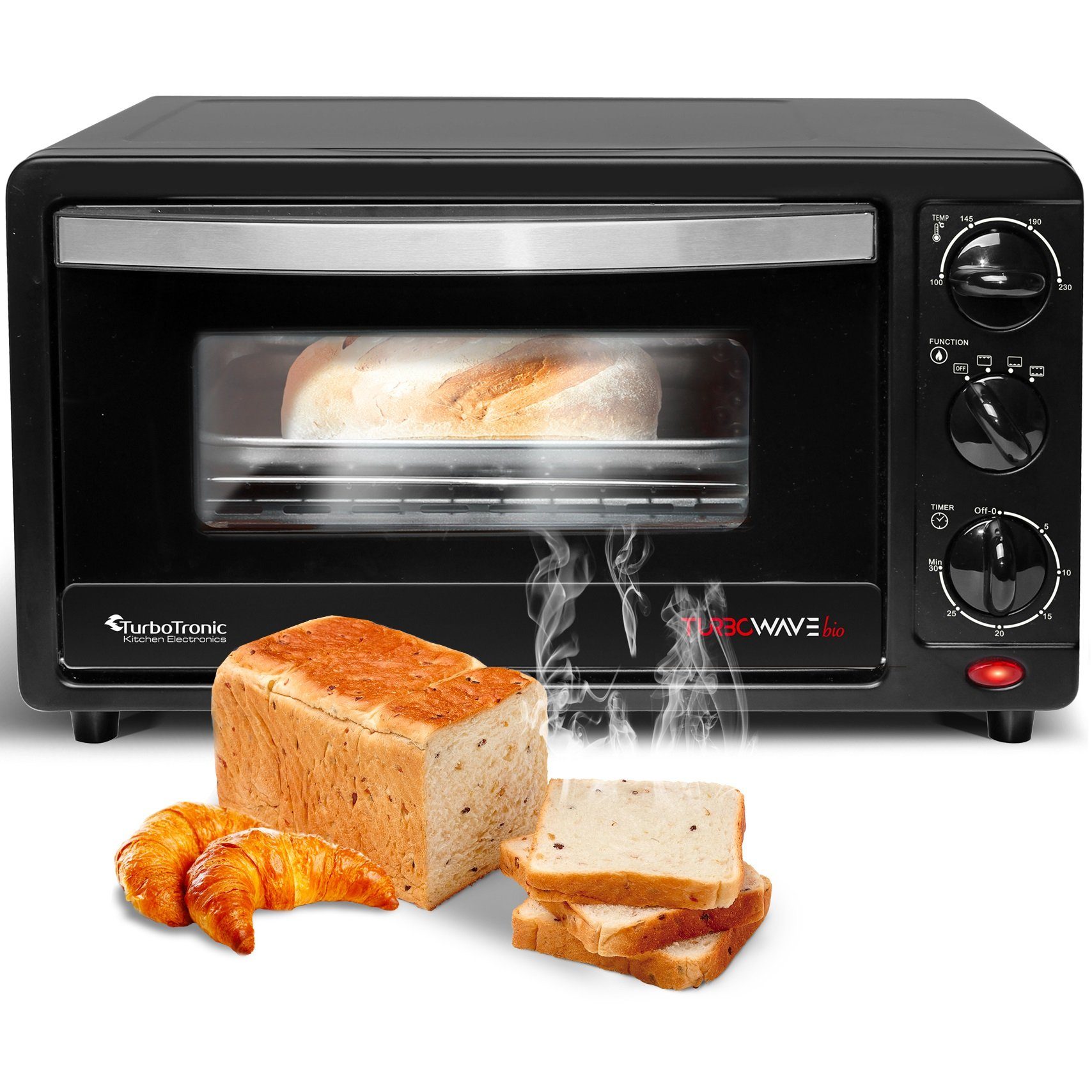 TurboTronic by Z-Line Minibackofen 14 Liter Schwarz, inkl. 1x Grillrost & 1x Backblech 1200W Camping, Pizzaofen 100-230°C Tischbackofen, Kleiner Ofen