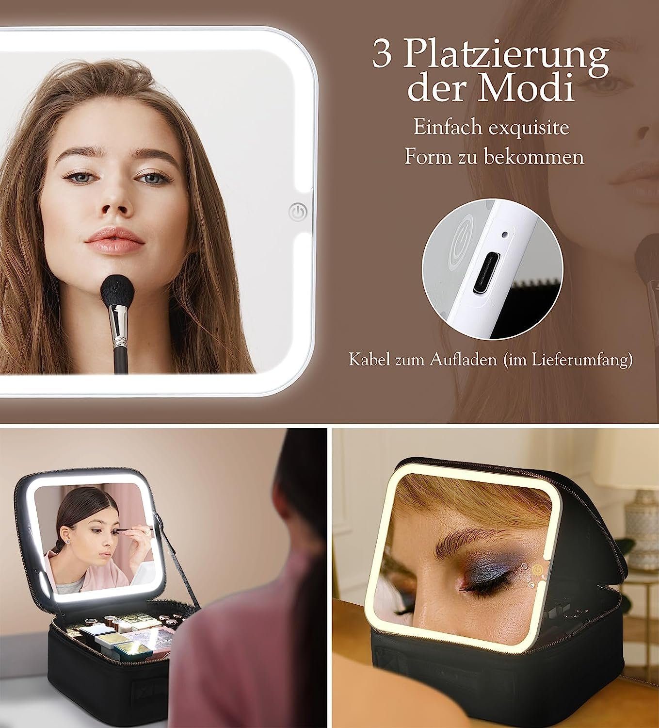 Mutoy Kosmetiktasche Kosmetiktasche mit Spiegel,Reise Make up Tasche mit Schminkspiegel (3 Farbe LED Licht Schminkspiegel,Kosmetikkoffer Groß Kosmetiktasche Reise für Handtasche Kosmetika Organizer)