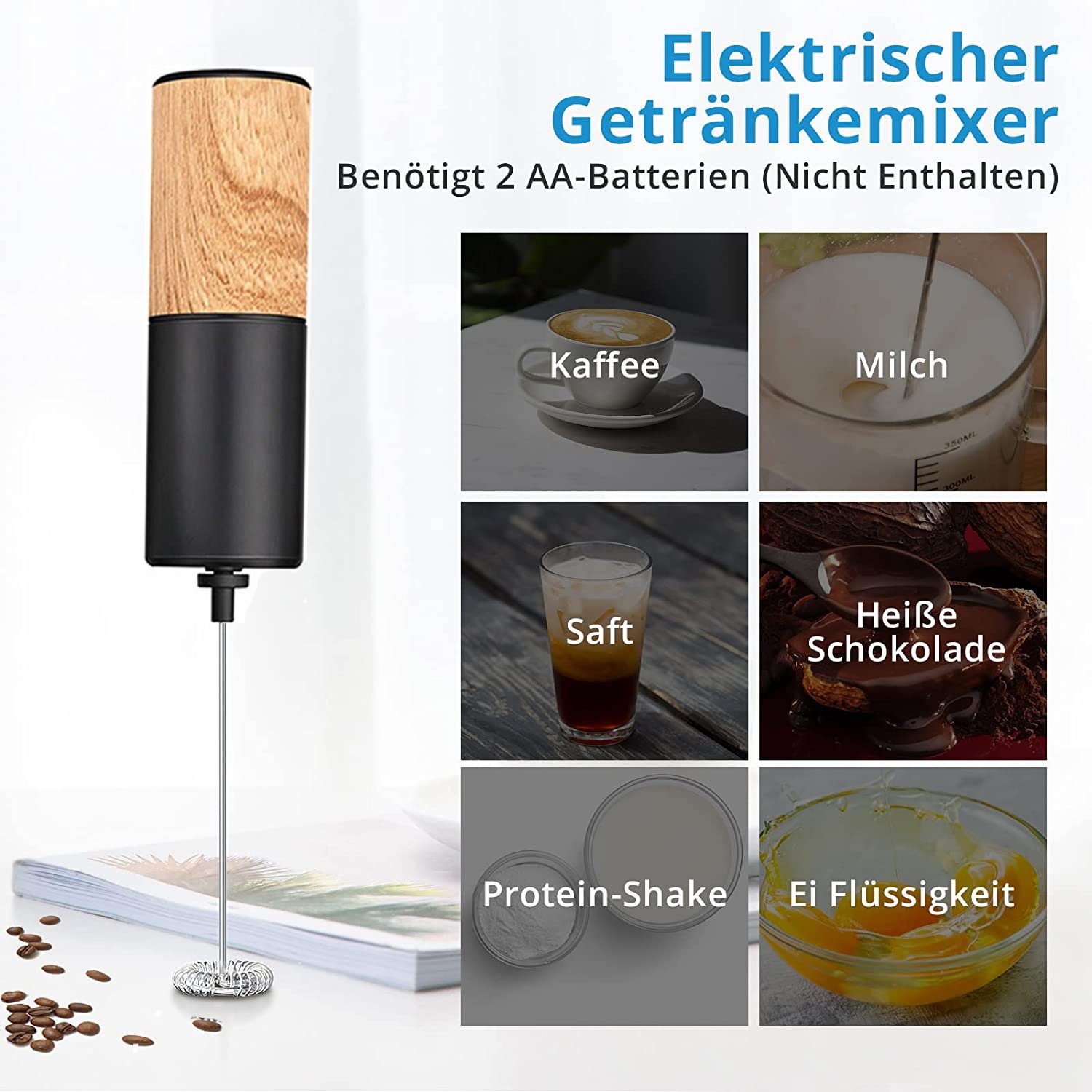 Mutoy Milchaufschäumer Milchaufschäumer,Elektrischer Stab Milchaufschäumer mit 14.200 U/min, Spezialspirale,leichte Reinigung,Cappuccino Shakes Cocktails Dressings