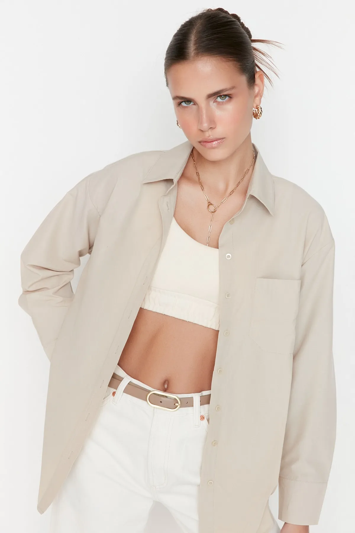 Trendyol Collection  Graues Boyfriend-Webhemd TWOAW20GO0115