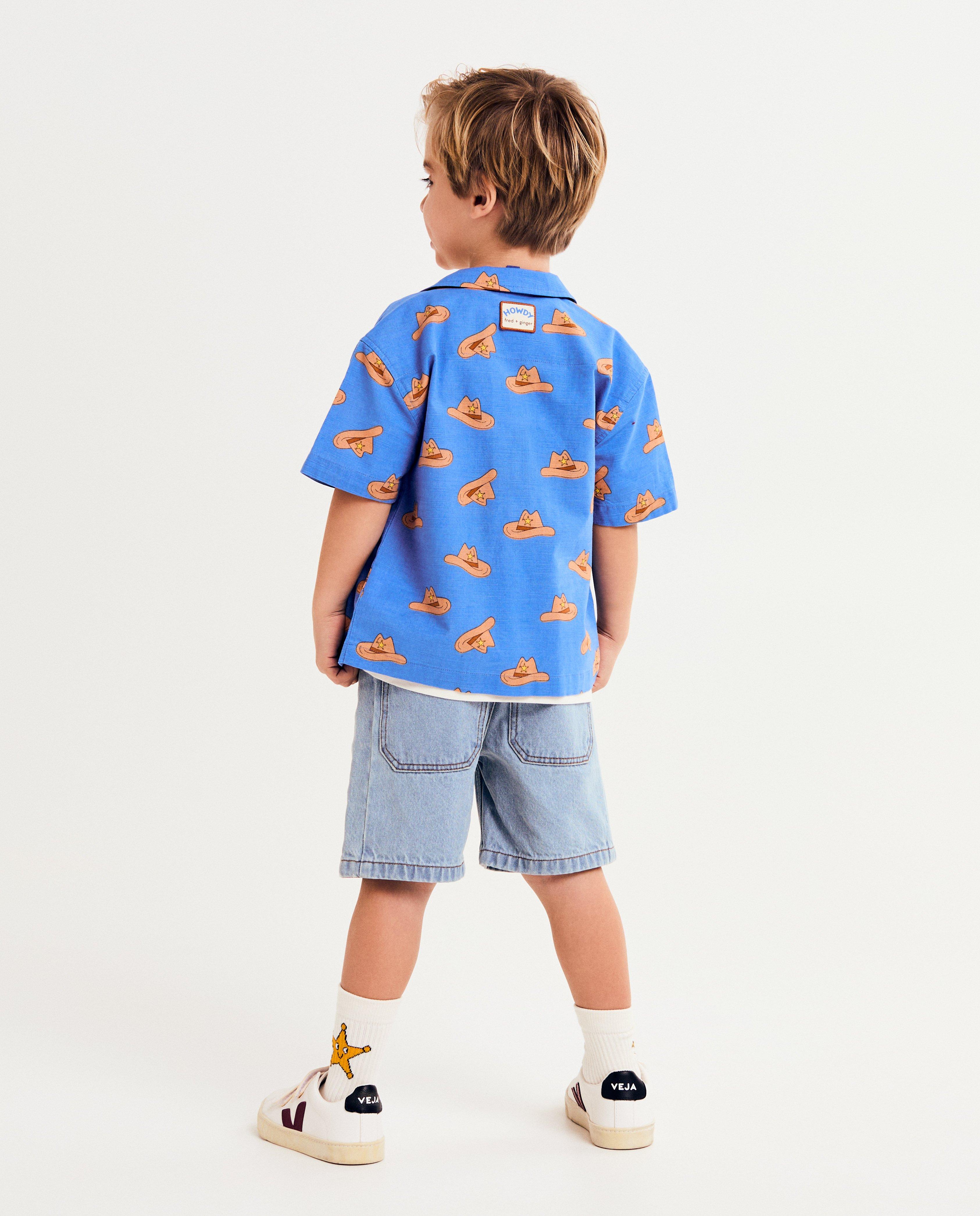 Cămașă Fred + Ginger cu imprimeu de pălării de cowboy, unisex, 92-128 albastru