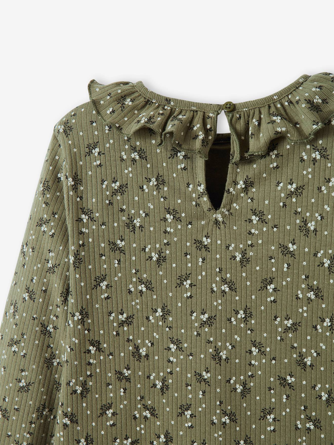 T-shirt à fleurs en maille côtelée fille curry