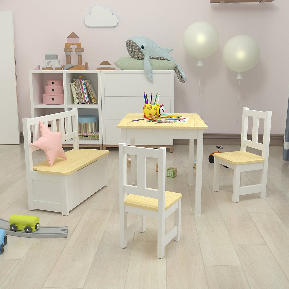 Kindertisch-Set Lousame Sitzgruppe Kiefernholz Natur / Weiß