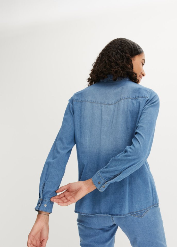 Jeansbluse mit Druckknöpfen, Langarm