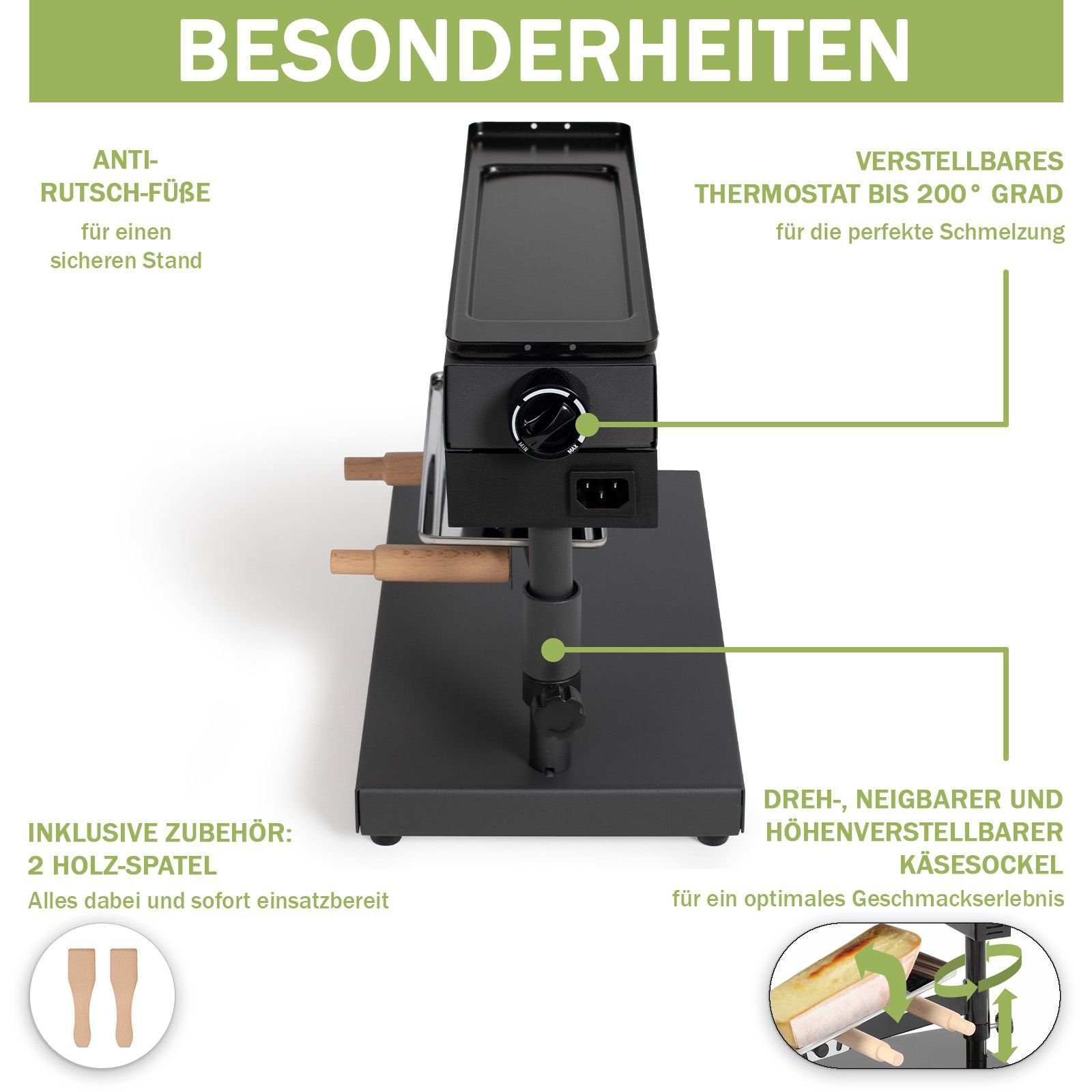 bmf-versand Raclette Raclette Grill Schweizer Käseschmelzer Tischgrill Schmelzgerät Stück, 600,00 W, Temperaturregler, Grillplatte, in allen Richtungen verstellbar