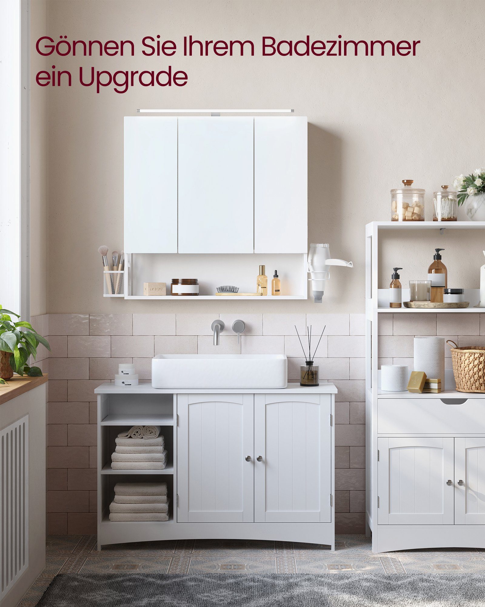 VASAGLE Spiegelschrank Badezimmerschrank mit Beleuchtung, Kabel